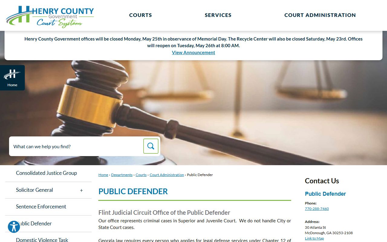 Henry County Public Defender page linked from court administration
