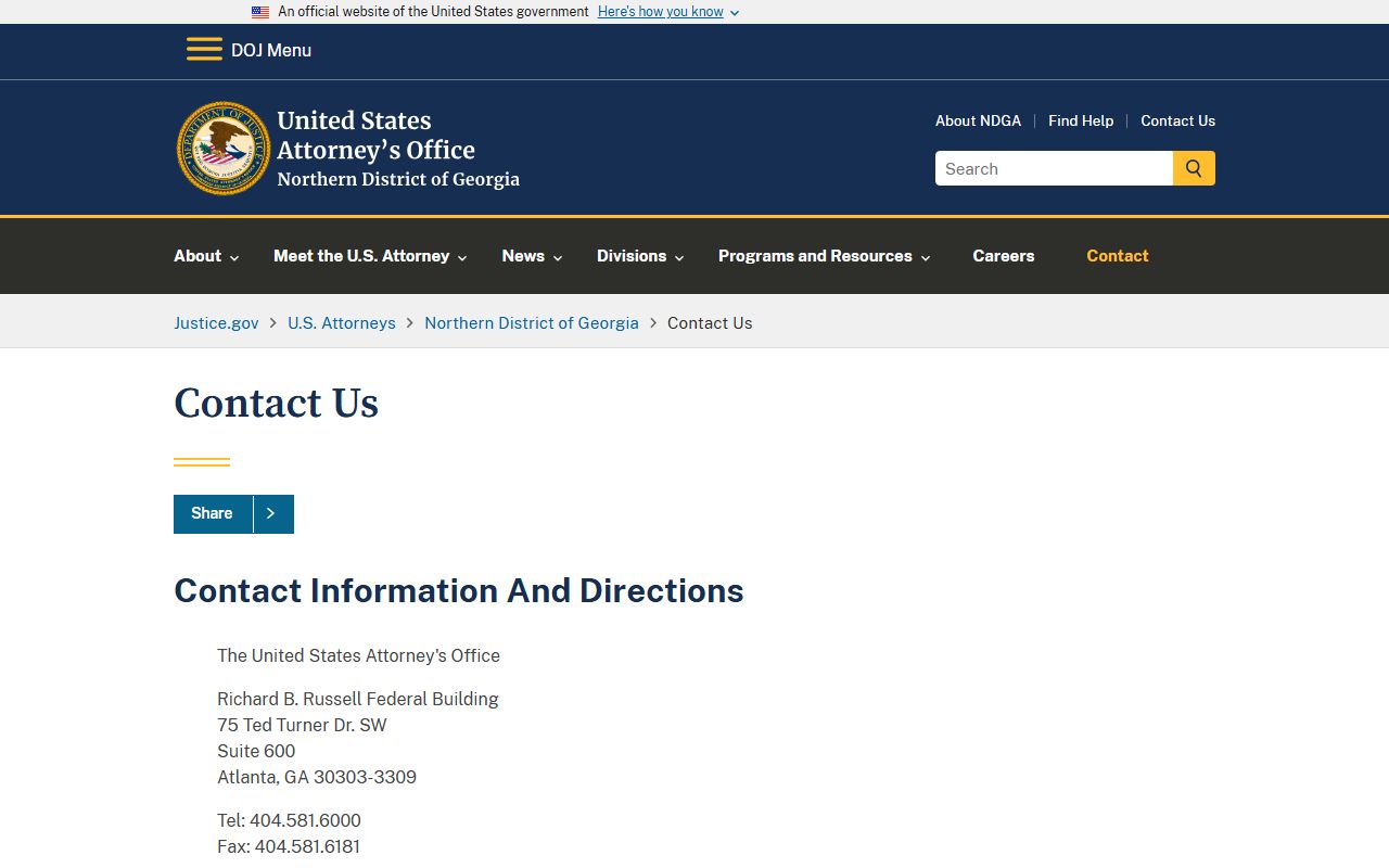 U.S. Attorney Northern District of Georgia contact page