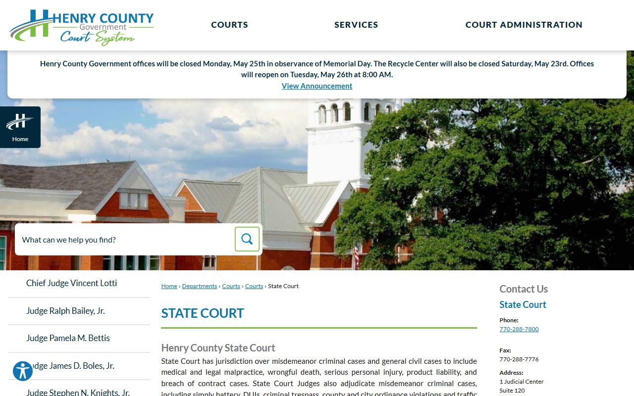Henry County State Court page with judges and case search links