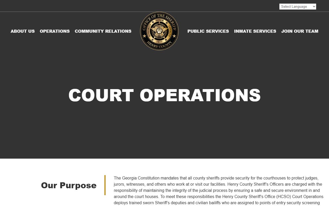 Henry County Sheriff Court Operations page listing courthouse security details and court phone numbers