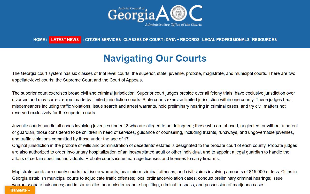 Georgia courts structure page describing six trial-court classes used in Henry County