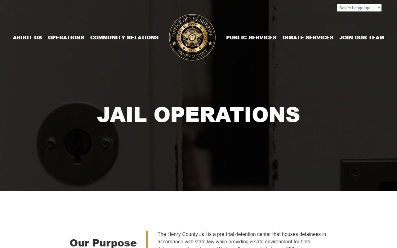 Henry County Sheriff jail operations page showing 900-bed capacity and sections