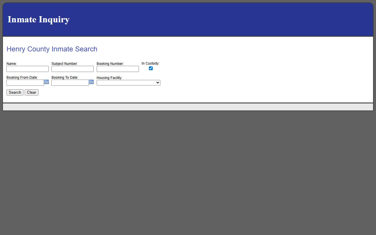 Henry County inmate inquiry portal showing search filters and result table