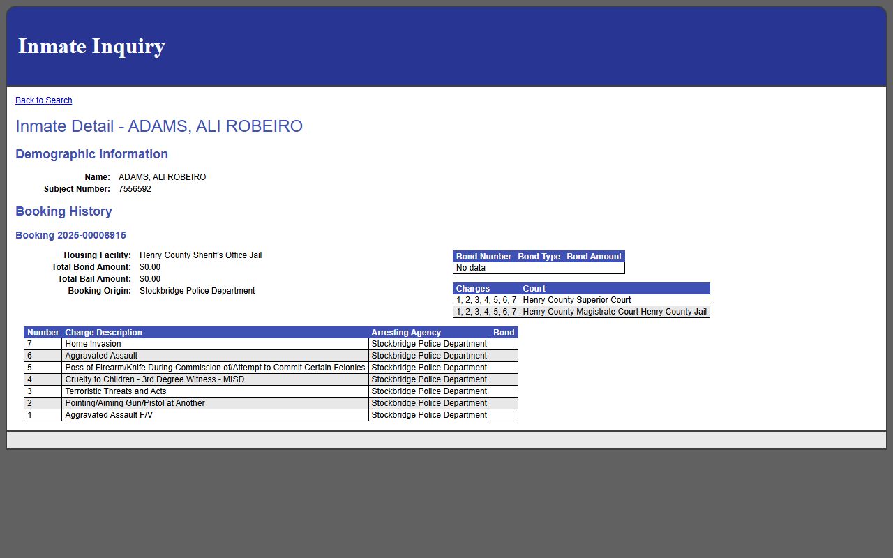 Sample Henry County inmate detail page showing charges and bond information