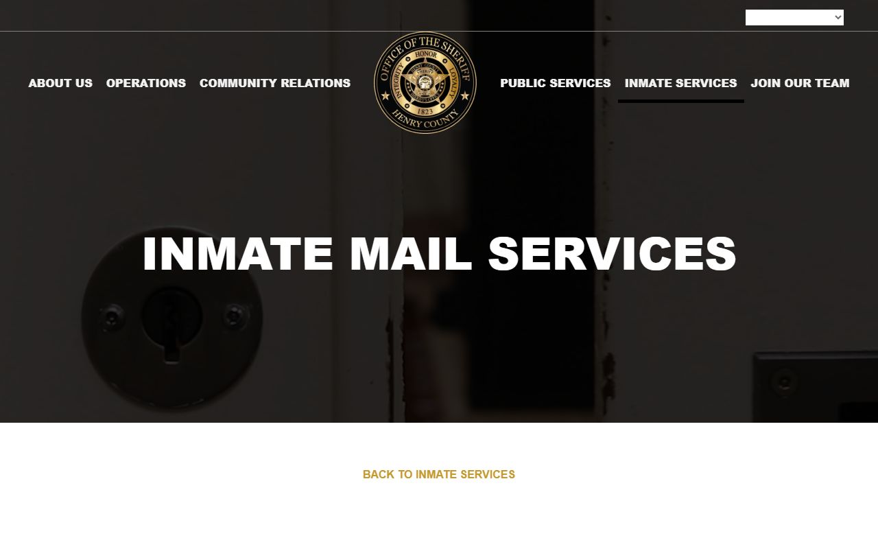 Henry County inmate mail page with postcard, legal mail, and money order rules