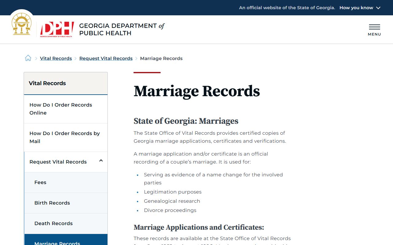 Georgia DPH marriage record verification page for Henry County