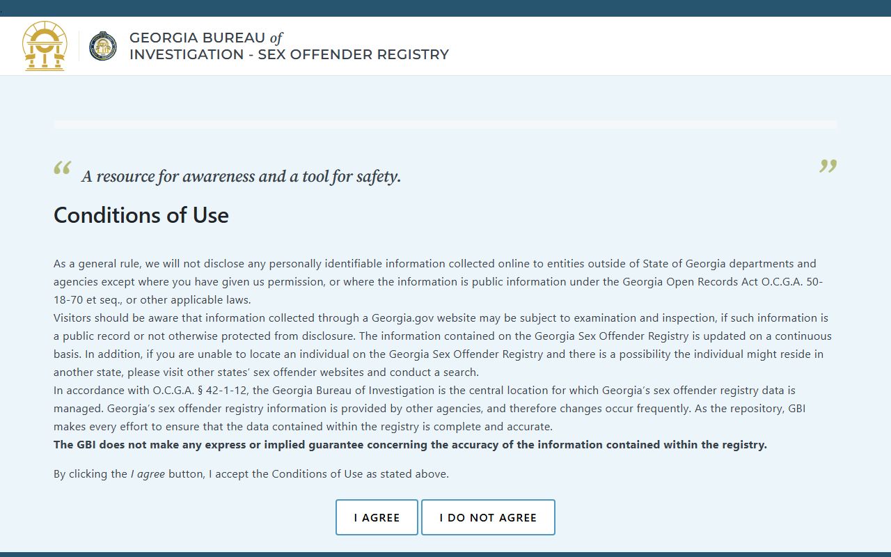 Georgia GBI sex offender registry conditions of use page for Henry County searches