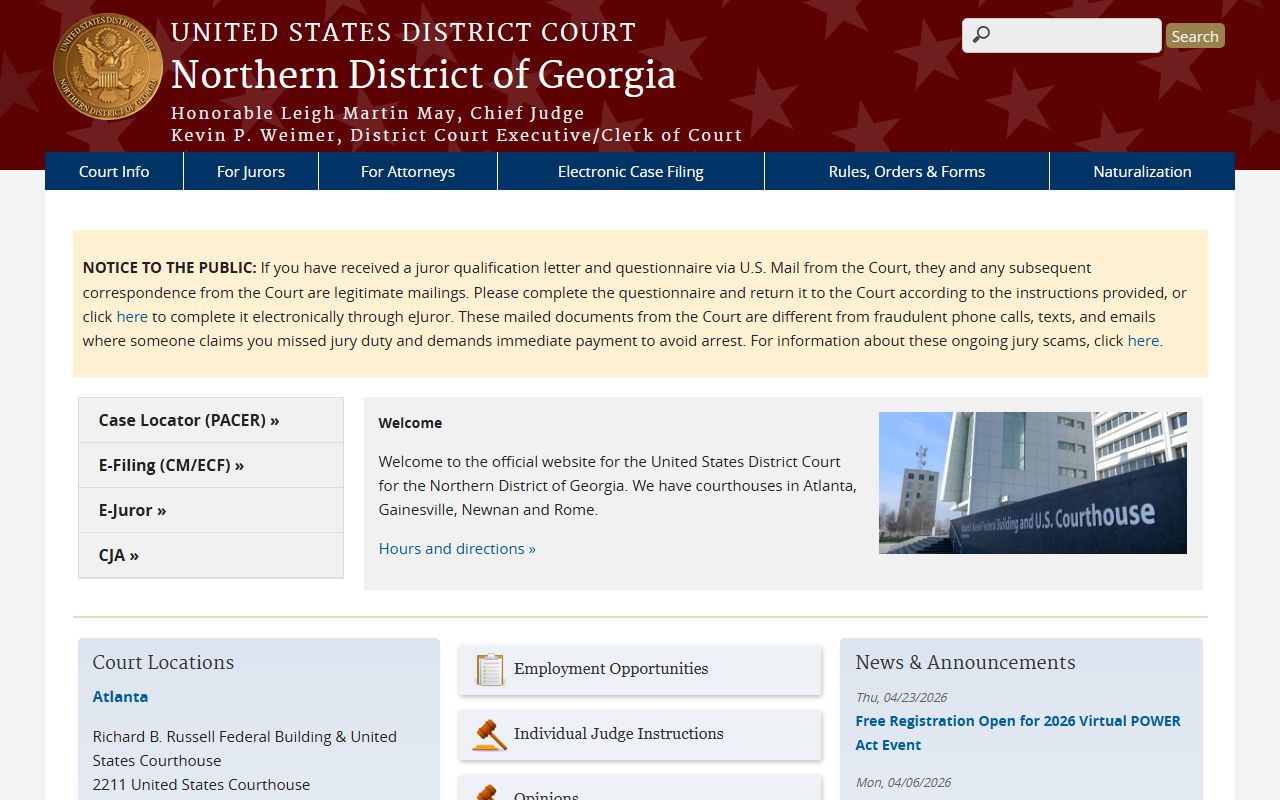 U.S. District Court Northern District of Georgia home page covering Henry County