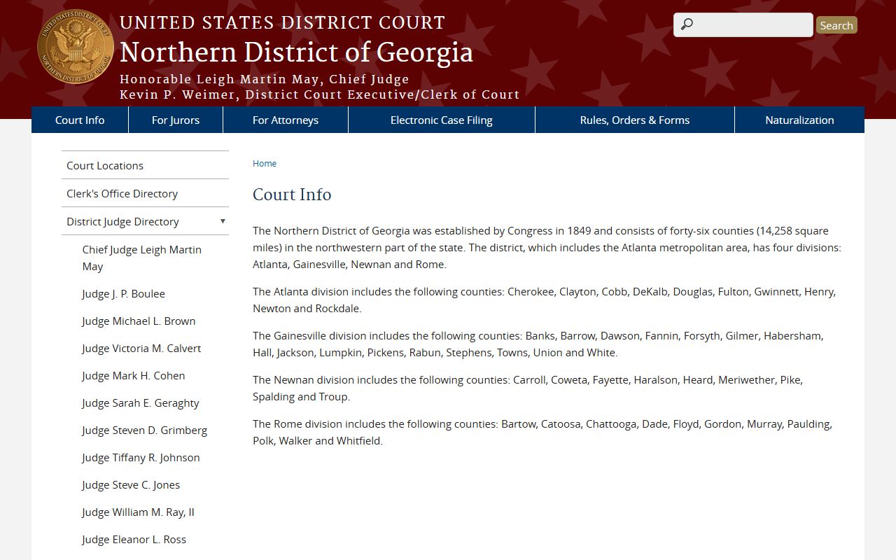 Northern District of Georgia court information page with county coverage