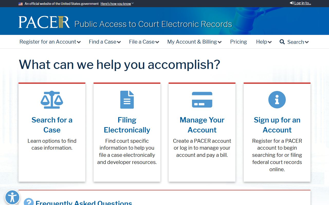 PACER federal court records access page